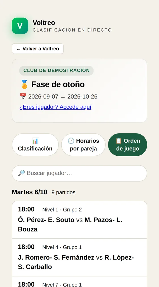 Orden de juego del ranking en el móvil del jugador, por día y hora